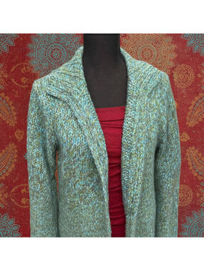 Marks Spencer Mohair Wool Chunky Knit Shawl Collar Cardigan Sweater Blue Green L